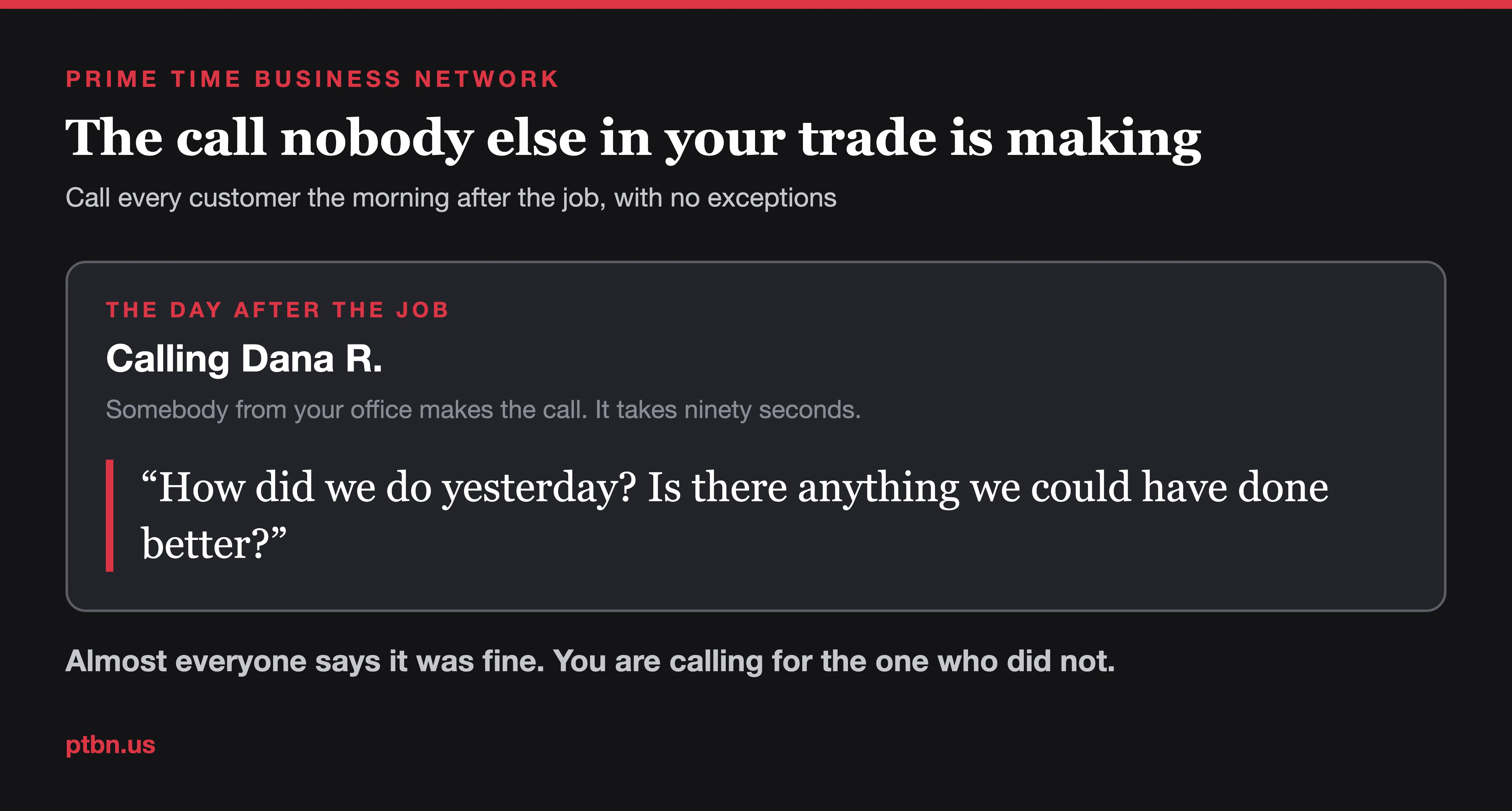 Phone screen showing the day after call and the one question to ask every customer