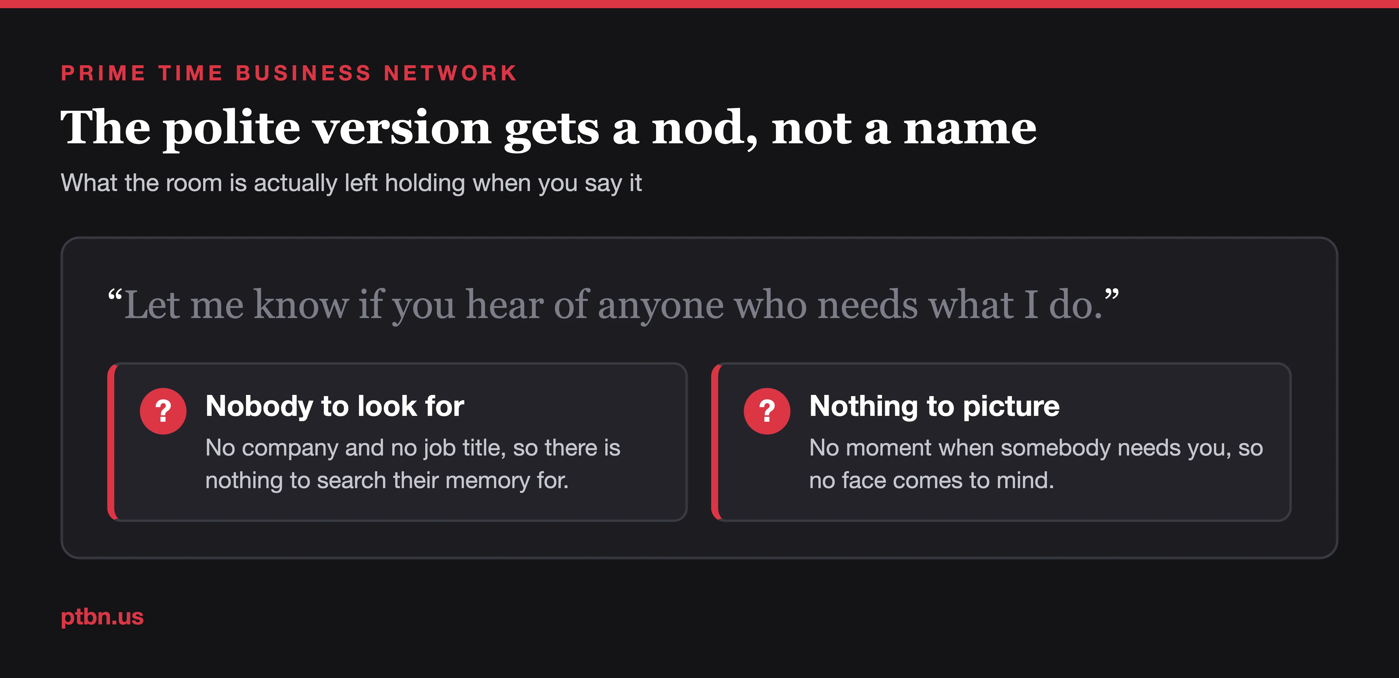Annotated referral request showing why a vague version fails: no name to search for and no moment the listener can picture