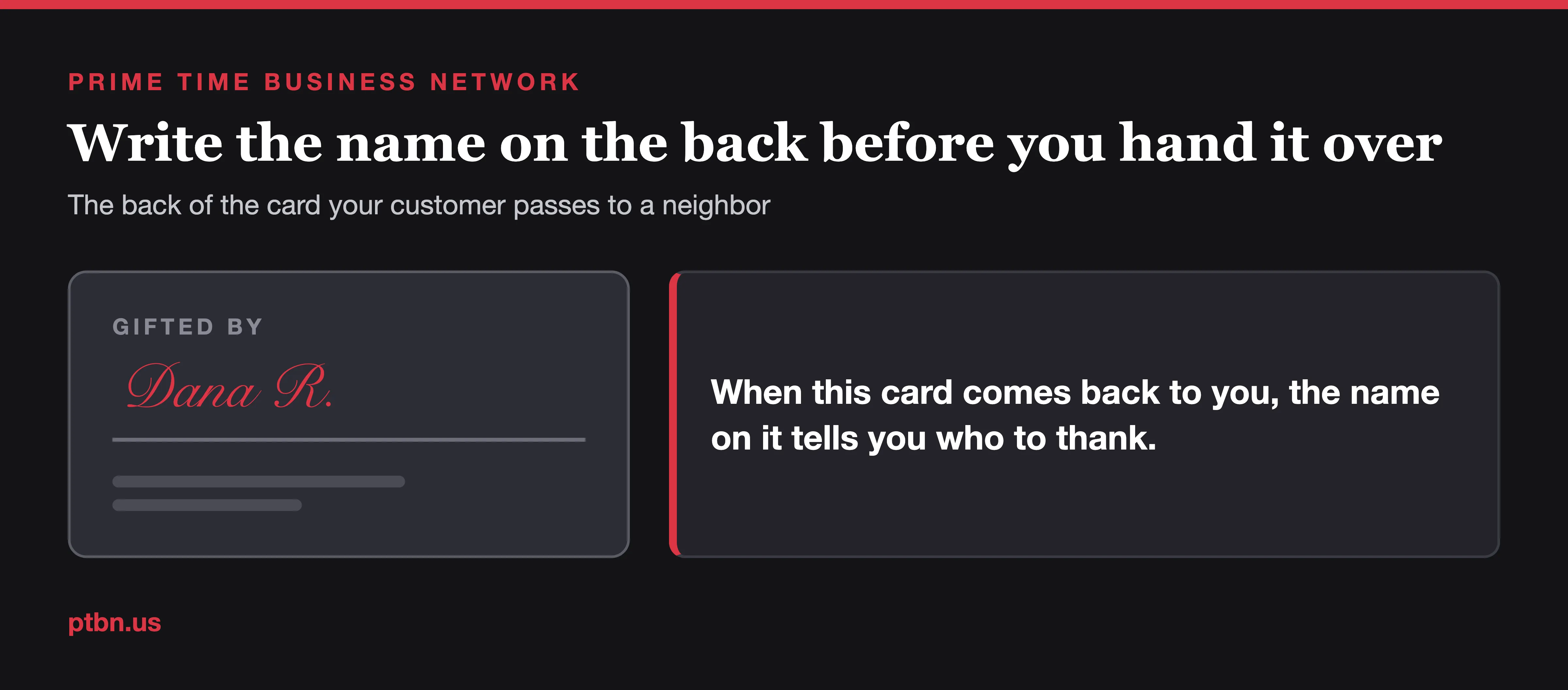 Back of a referral card with a gifted by line where the customer's name is written in pen