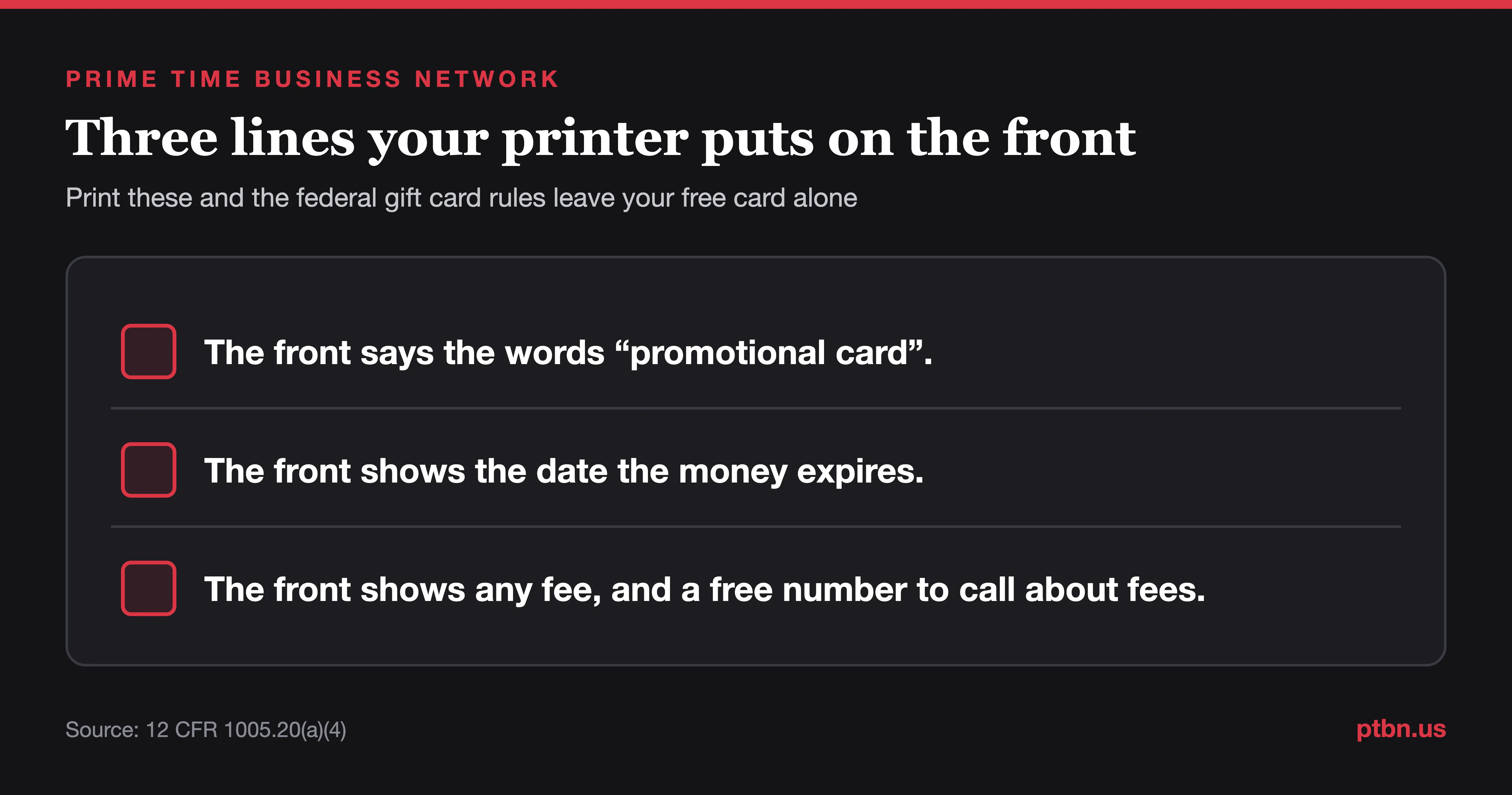 The three lines a promotional referral card has to print on its front