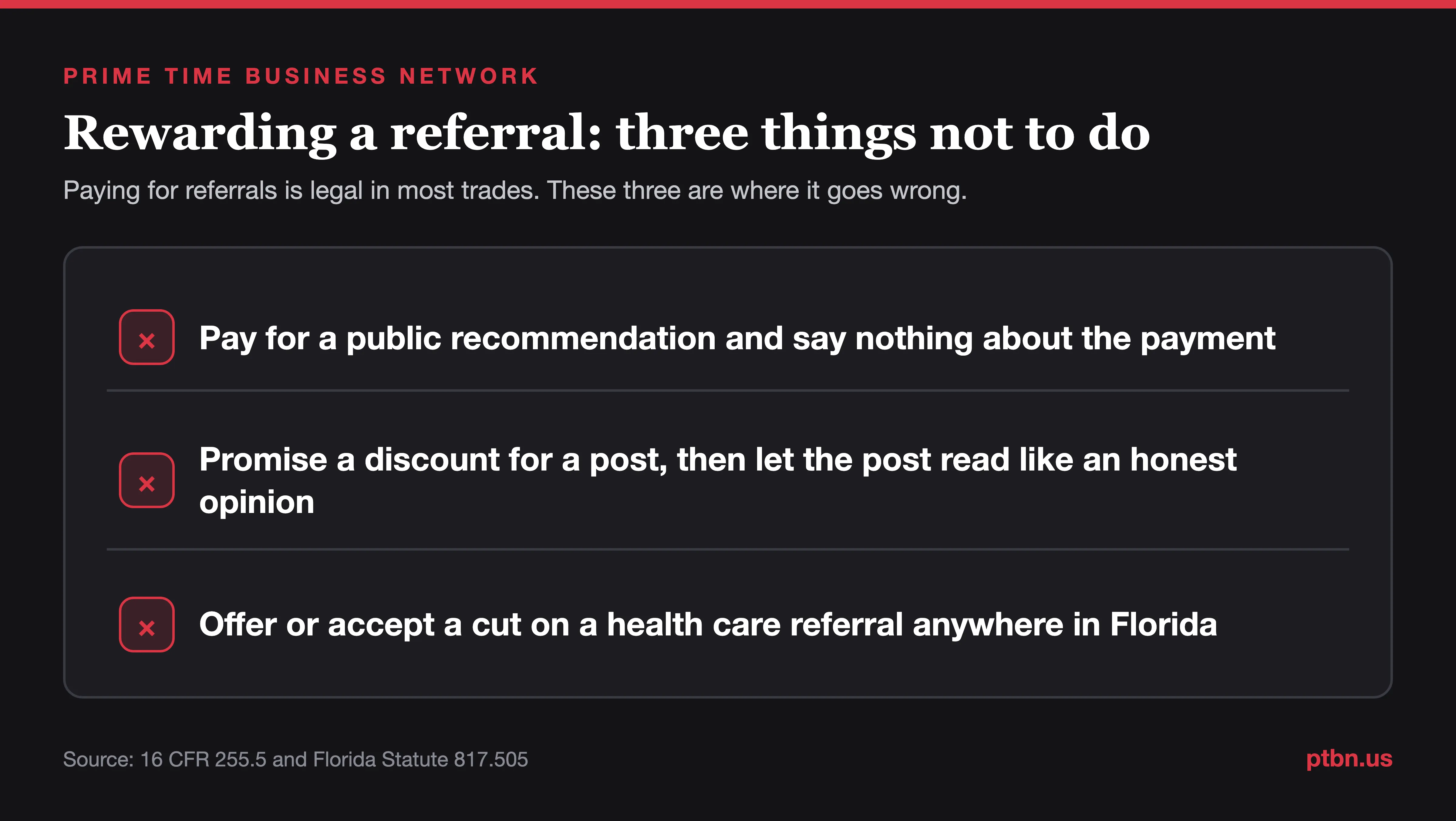 Three things not to do when rewarding referrals, including hiding the reward and paying for health care referrals in Florida